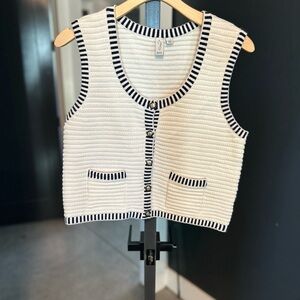 Joie Cream Knit Vest with Navy Stripe Trim and Gold Buttons